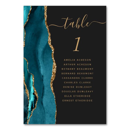 Blauwgroen goudgrijs donkerbruidetabelnummer kaart (Achterkant)