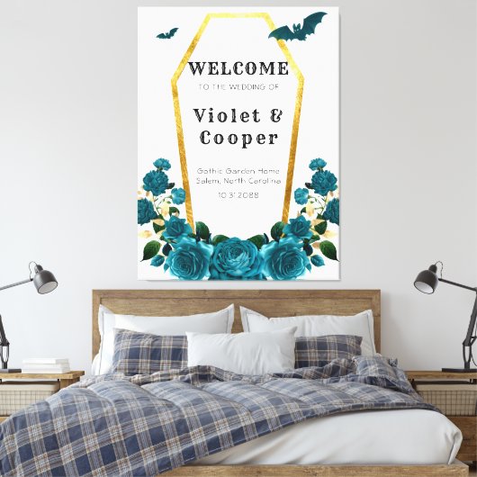 Blauwgroen goudkoffie - Welkomstteken voor bruilof Canvas Afdruk (Insitu (Slaapkamer))