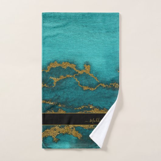 Blauwgroen goudmarmer Agate Monogram Naam Aangepas Bad Handdoek (Handdoek)
