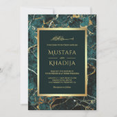 Blauwgroen goudmarmer Faux Gold Foil Islamic Wedde Kaart (Voorkant)