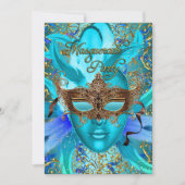 Blauwgroen goudmasker Masquerade Party uitnodigen Kaart (Voorkant)