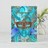 Blauwgroen goudmasker Masquerade Party uitnodigen Kaart (Staand voorkant)
