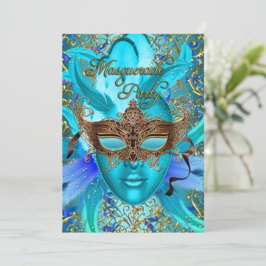 Blauwgroen goudmasker Masquerade Party uitnodigen Kaart (Staand voorkant)