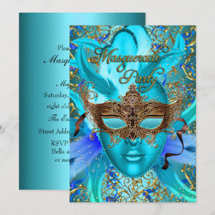 Blauwgroen goudmasker Masquerade Party uitnodigen Kaart