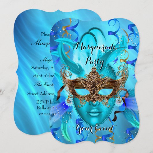 Blauwgroen goudmaskerade partij kaart (Voorkant / Achterkant)