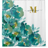 Blauwgroen goudmonogram Naam Waterverf Floral Douchegordijn (Voorkant)