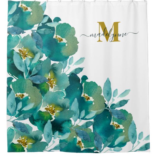 Blauwgroen goudmonogram Naam Waterverf Floral Douchegordijn (Voorkant)
