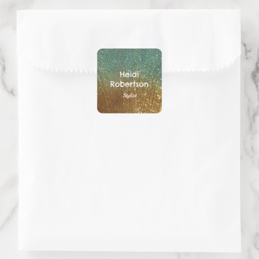 Blauwgroen goudneonglitter vierkante sticker (Tas)