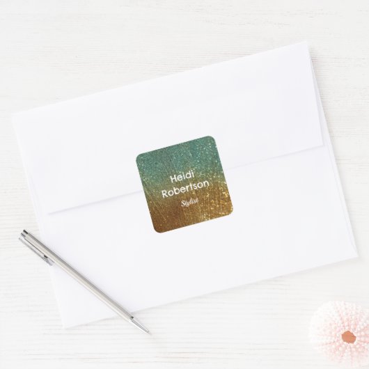 Blauwgroen goudneonglitter vierkante sticker (Envelop)