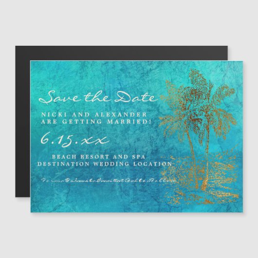 Blauwgroen goudpalmen Weddenschap Magnetische Uitnodiging (Voorkant / Achterkant)