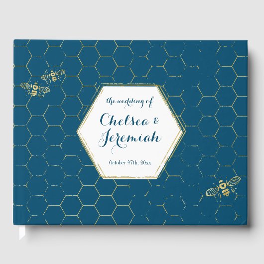 Blauwgroen goudpatroon honingbijen gastenboek (Voorkant)