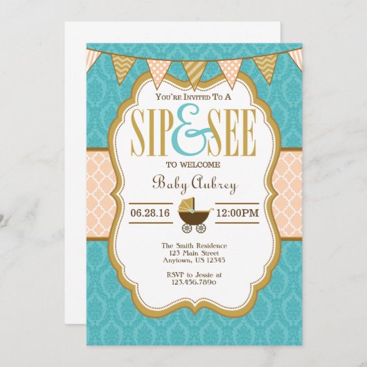 Blauwgroen goudpitsip en zie uitnodiging (Voorkant / Achterkant)