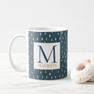 Blauwgroen goudregendruppel Modern Trendy Monogram Koffiemok