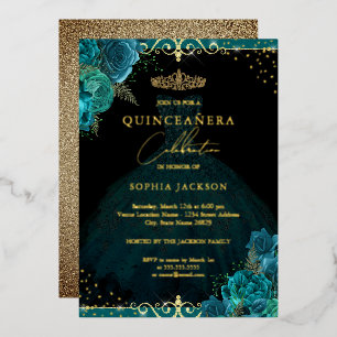 Blauwgroen goudRoos Elegant Quinceanera Folie Uitnodiging