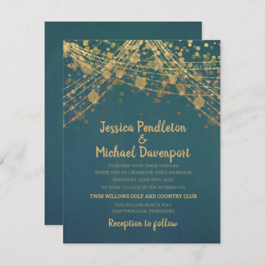 Blauwgroen goudsparkle Glitter String Lights Wedde Kaart (Voorkant / Achterkant)