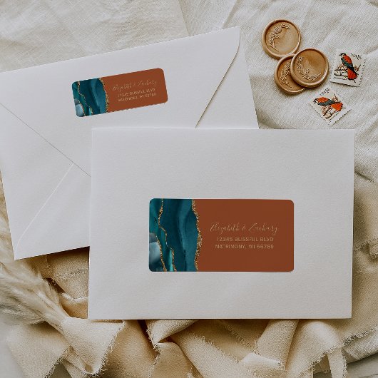 Blauwgroen Goudverbrand Sinaasappel Roest Bruiloft Etiket