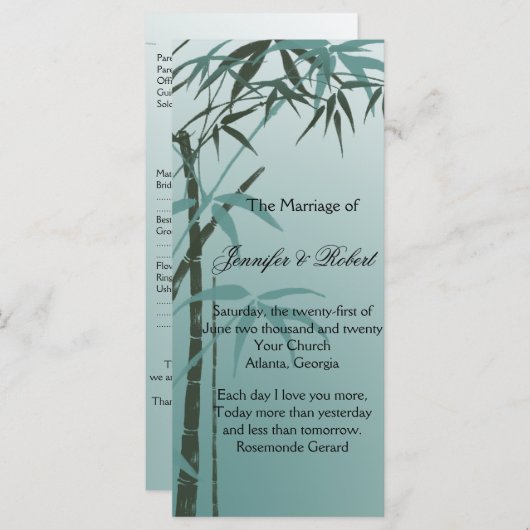 Blauwgroen Gradient Natuurlijk Bamboe Trouwprogram Programmakaart (Voorkant / Achterkant)