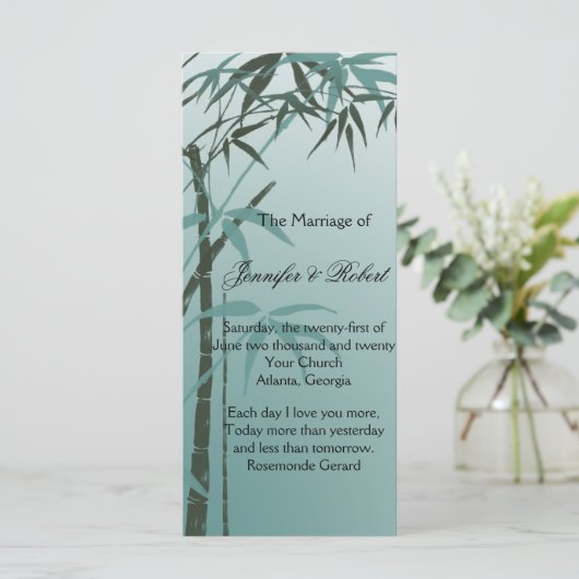 Blauwgroen Gradient Natuurlijk Bamboe Trouwprogram Programmakaart (Staand voorkant)