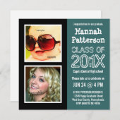 Blauwgroen Graduation Party met 2 foto's Kaart (Voorkant / Achterkant)