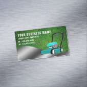 Blauwgroen grasmaaien voor grasmaaiers magnetisch visitekaartje (Voorbeeld)