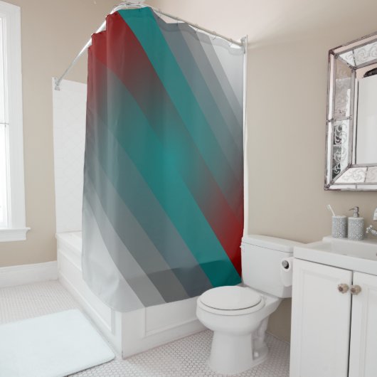 blauwgroen grauwe strepen van burgundy douchegordijn (In situ)