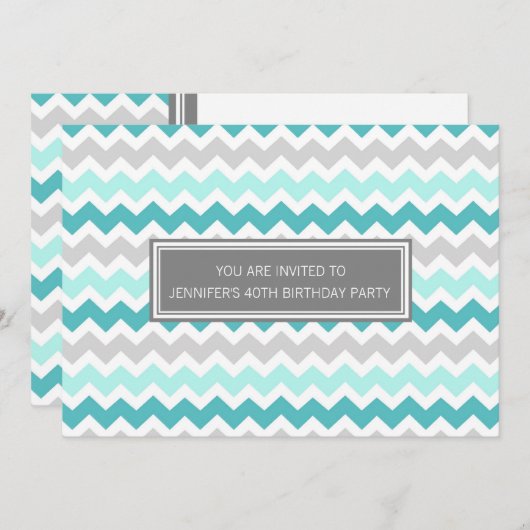 Blauwgroen Gray Chevron 40th Birthday Party Invita Kaart (Voorkant / Achterkant)