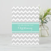 Blauwgroen Gray Chevron Christening Uitnodiging (Staand voorkant)