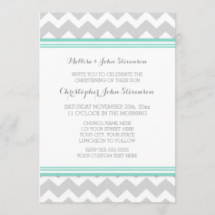 Blauwgroen Gray Chevron Christening Uitnodiging