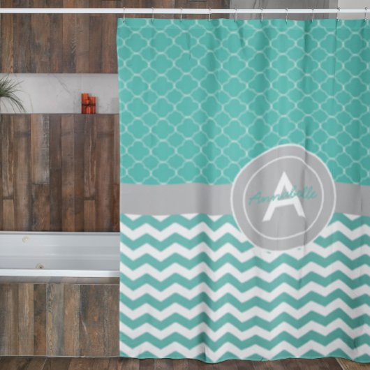 Blauwgroen Gray Chevron Quatrefoil Douchegordijn