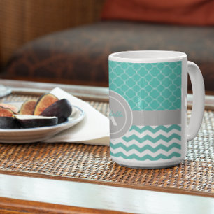 Blauwgroen Gray Chevron Quatrefoil Koffiemok