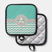 Blauwgroen Gray Chevron Quatrefoil Pannenlap (Voorkant / Achterkant)