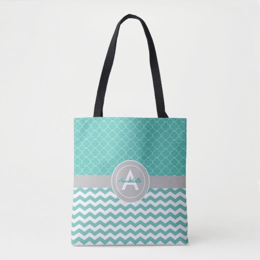 Blauwgroen Gray Chevron Quatrefoil Tote Bag (Voorkant)