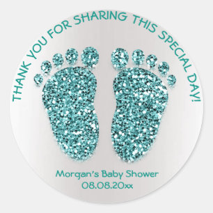 Blauwgroen Gree Glitter Feet Baby shower Favor Dan Ronde Sticker