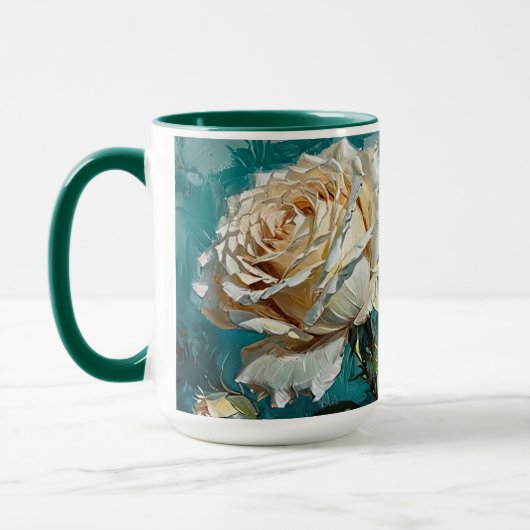 Blauwgroen Green Cream Rozen Floral Design Mok (Links)