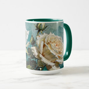 Blauwgroen Green Cream Rozen Floral Design Mok