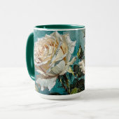 Blauwgroen Green Cream Rozen Floral Design Mok (Voorkant links)