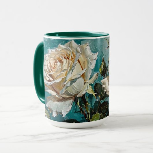 Blauwgroen Green Cream Rozen Floral Design Mok (Voorkant links)
