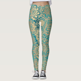 Blauwgroen Green en Gold Boho Mandala Pattern Yoga Leggings