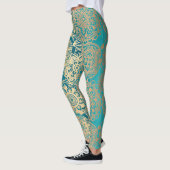 Blauwgroen Green en Gold Boho Mandala Pattern Yoga Leggings (Links)