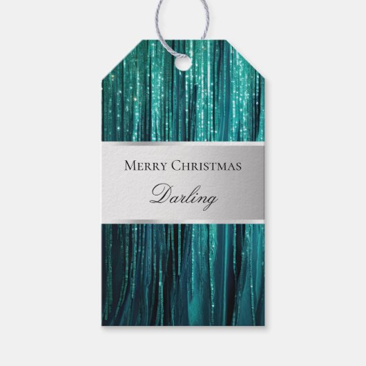 Blauwgroen Green Glam Glitzy Tinsel Stripes Cadeaulabel (Voorkant)