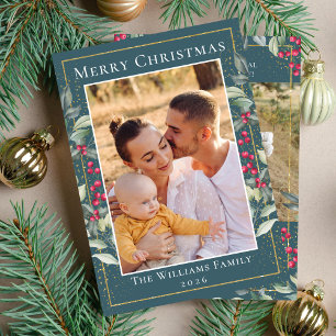 Blauwgroen Green Gold Kerstkerst Holly Berries 2 F Feestdagenkaart