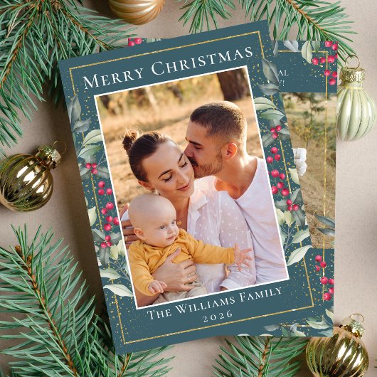 Blauwgroen Green Gold Kerstkerst Holly Berries 2 F Feestdagenkaart