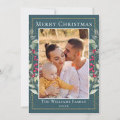 Blauwgroen Green Gold Kerstkerst Holly Berries 2 F Feestdagenkaart (Voorkant)