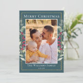 Blauwgroen Green Gold Kerstkerst Holly Berries 2 F Feestdagenkaart (Staand voorkant)