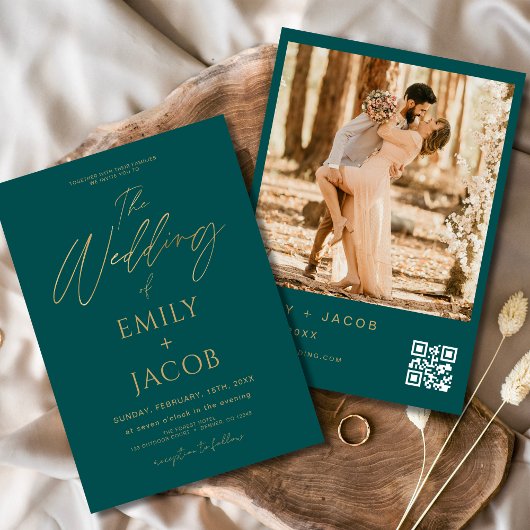 Blauwgroen Green Gold Wedding QR Code Fotoscript Kaart