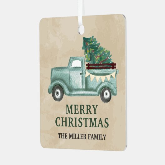  Blauwgroen Green Pickup Truck kerst Metalen Ornament (Voorkant links)