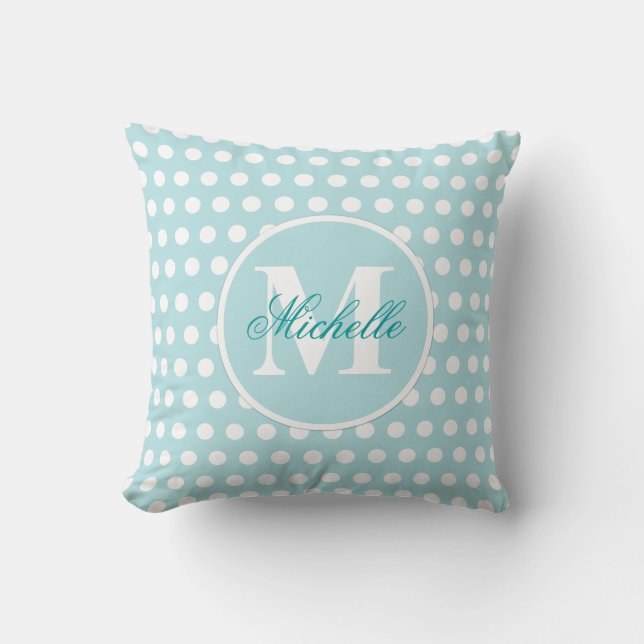 Blauwgroen-Green Polka Dot Monogram Pillow Kussen (Voorkant)