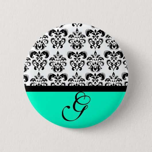 BLAUWGROEN GREEN ZWARTE WITTE DAMASKWEDDAMMONOGRAM RONDE BUTTON 5,7 CM (Voorkant)