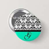 BLAUWGROEN GREEN ZWARTE WITTE DAMASKWEDDAMMONOGRAM RONDE BUTTON 5,7 CM (Voorkant /achterkant)