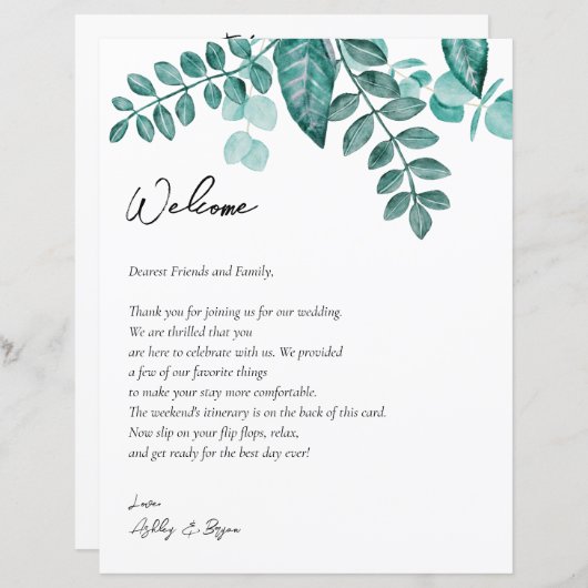 Blauwgroen Greenery Wedding Welcome Letter & Itine (Voorkant / Achterkant)